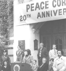 Regent Sarah Goddard Power speaks in October 1980 during the 20th anniversary “rededication” ceremony for the Peace Corps on the steps of the Michigan Union, where President candidate John F. Kennedy first proposed the organization.