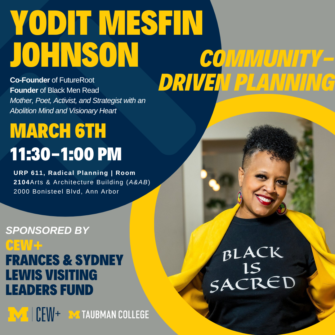 Yodit Mesfin Johnson smiling on a flyer. She is wearing a black shirt that says "Black is Sacred" and a yellow blazer that she is holding open.