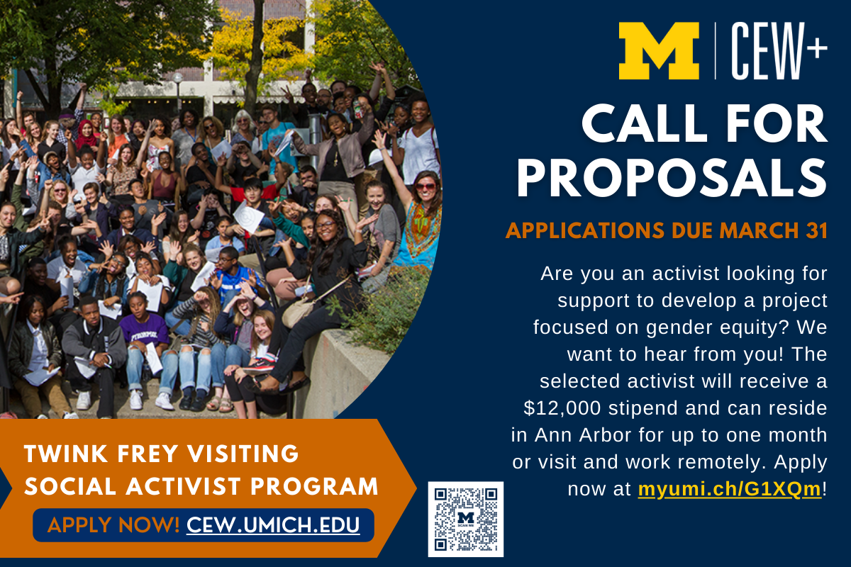 Are you an activist looking for support to develop a project focused on gender equity? We want to hear from you! The selected activist will receive a $12,000 stipend and can reside in Ann Arbor for up to one month or visit and work remotely. Apply now at myumi.ch/G1XQm!